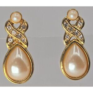 Vintage REED Earrings Gold Tone Faux Pearl Drop Rhinestone Signed Designer